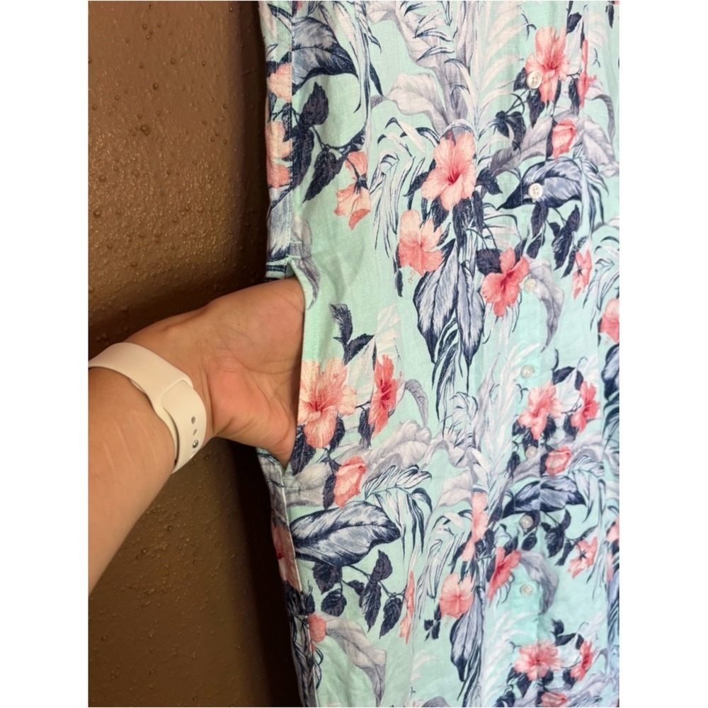 Tommy Bahama Women 100%Linen Tropical Floral Button Front Midi Dress Aqua Blue m - Picture 4 of 9
